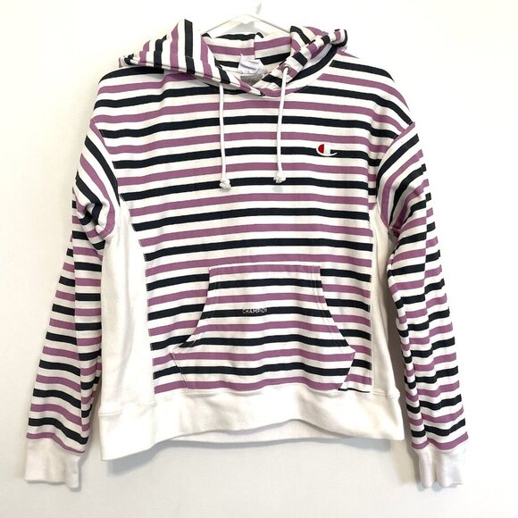 CHAMPION Life Reverse Weave Print Hoodie White Purple Gray Striped Colorblock S - Picture 2 of 16